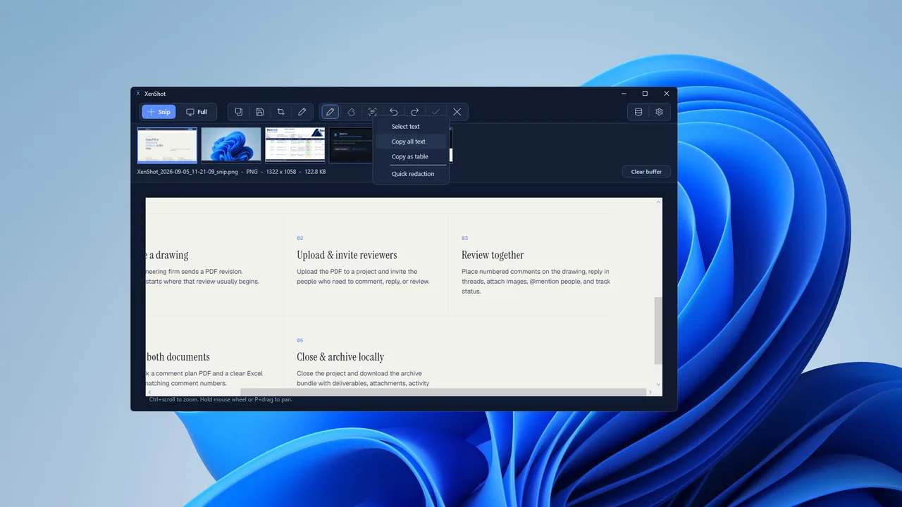 XenShot's text menu open on a capture: Select text, Copy all text, Copy as table and Quick redaction